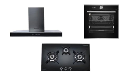 Brandt 90cm Wall Mounted Extractor Hood (AD997XC) + Built-in Gas Hob (TG1493) + Built In Hydrolyse Oven (BOH7534LX)