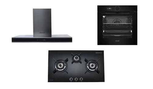 Brandt 90cm Wall Mounted Extractor Hood (AD997XC) + Built-in Gas Hob (TG1493) + Built In Pyrolytic Oven (BOP7537BB)
