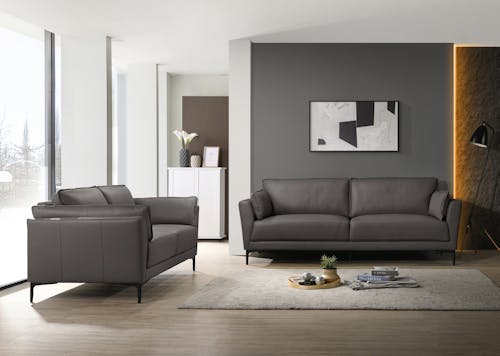 Collin Full Leather 2 Seater Sofa With Black Metal Leg-Slate