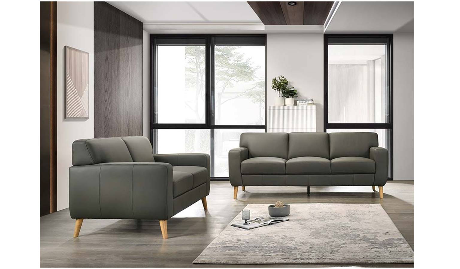 Inez Full Leather 2 Seater Sofa With Natural Wooden Leg - Anthracite.jpeg