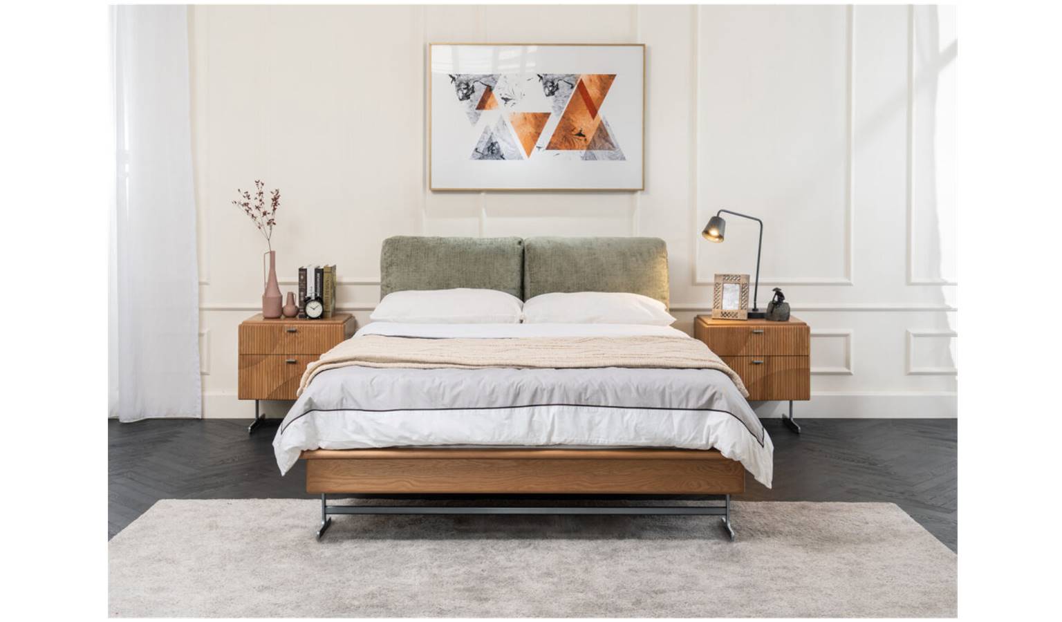 Garis King Size Bed Frame in Baltic Green Upholstered Headboard