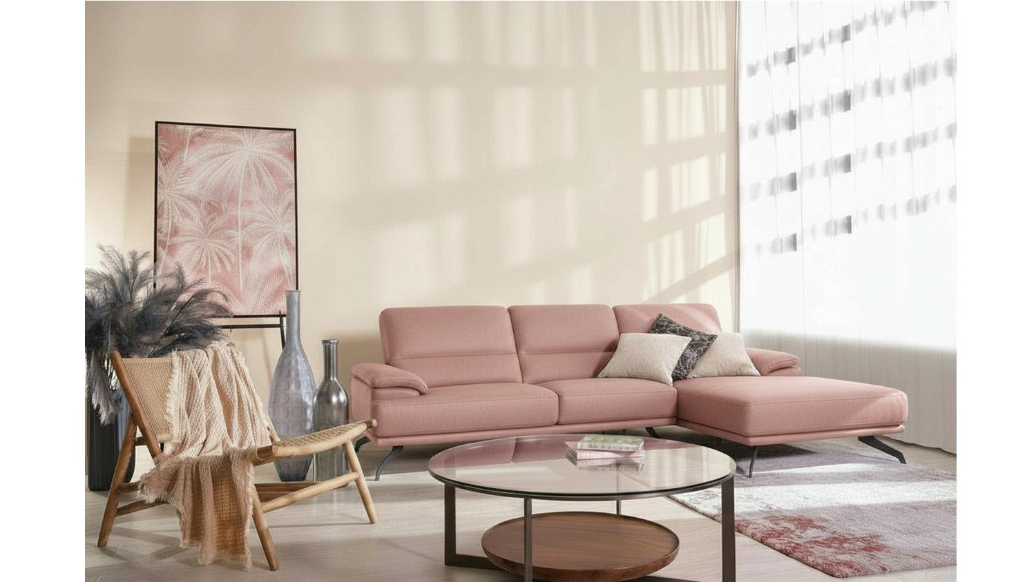 Cubo Rosso Giada 2 Seater with Right Hand Facing Italian Leather Chaise Sofa - Rose