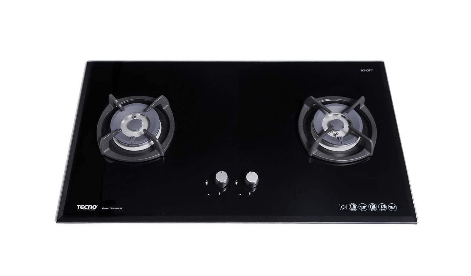 Tecno T2288TG SV 88cm 2-Burner Glass Hob with Inferno Wok Burner Technology - Black