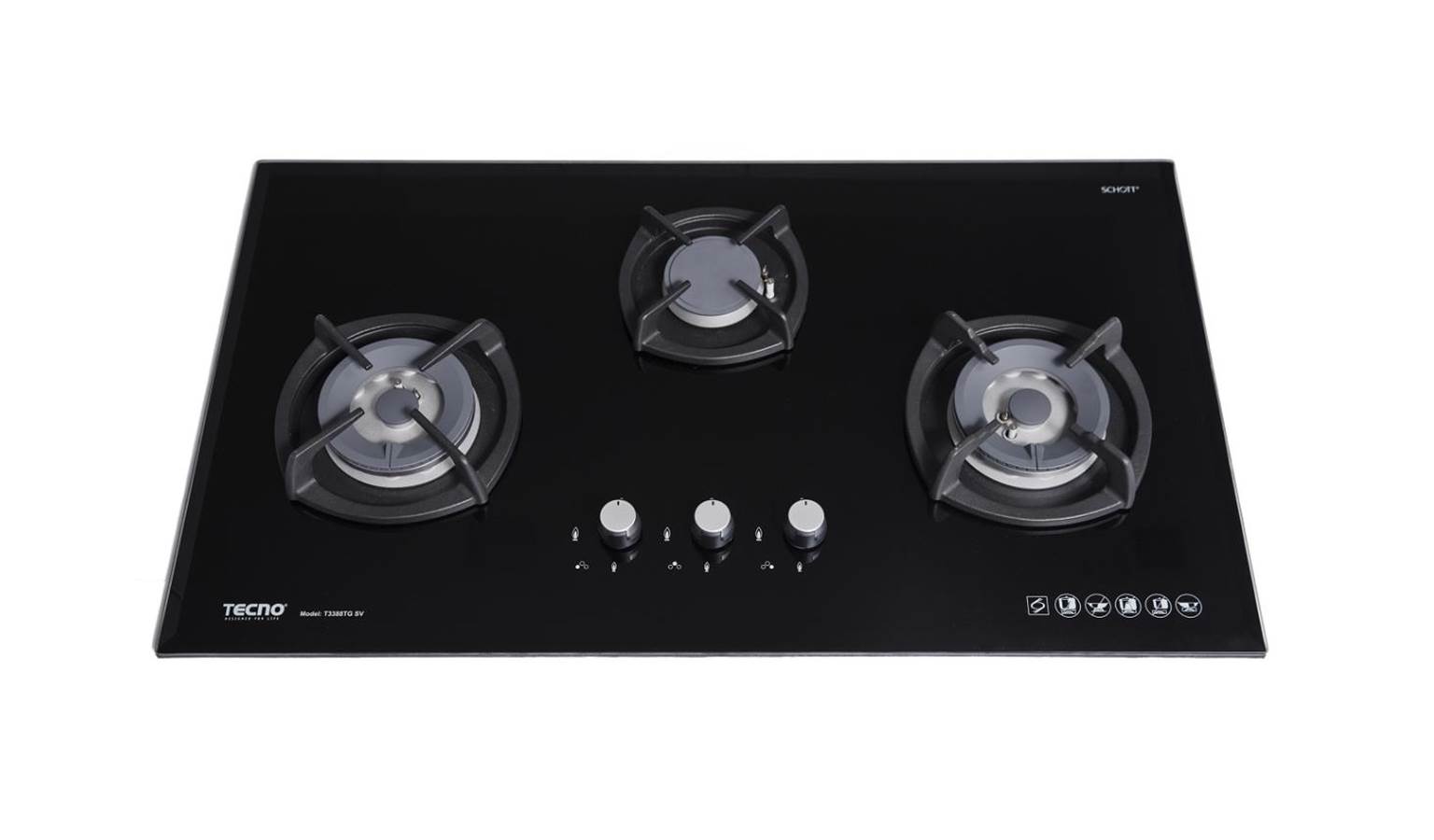 Tecno T3388TGSV 88cm 3-Burner Glass Hob with Inferno Wok Burner Technology - Black