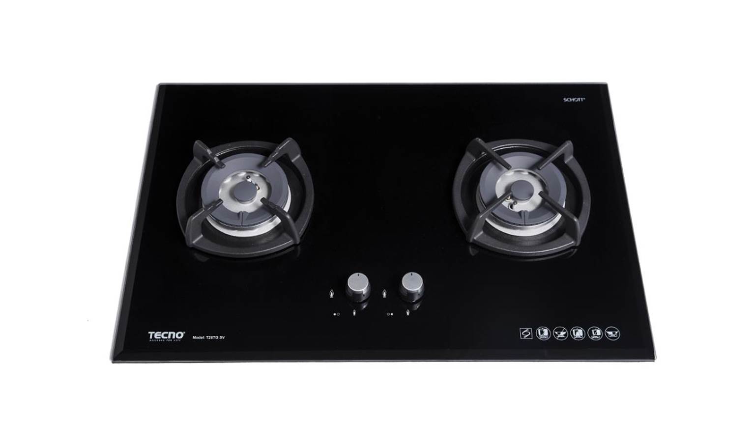 Tecno T28TGSV 75cm 2-Burner Glass Hob with Inferno Wok Burner Technology - Black