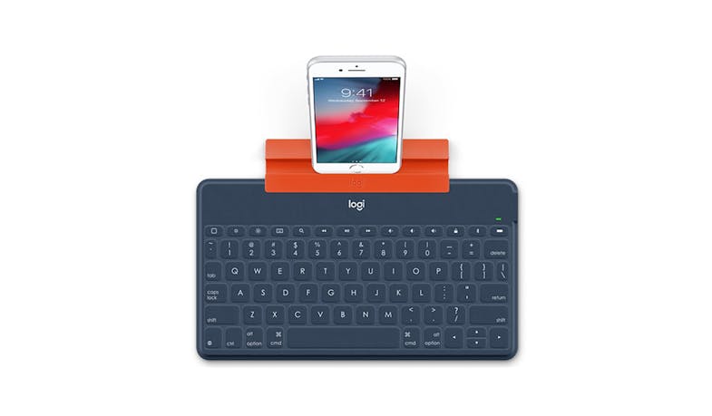 Logitech 920-010040 Keys To Go Ultra Slim Keyboard with iPhone Stand - Blue (Top view with phone)