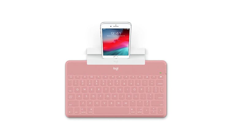 Logitech (920-010039)  Keys To Go Ultra Slim Keyboard with iPhone Stand - Pink (Top View With Phone)