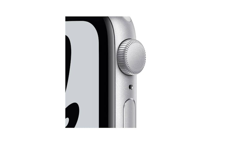 Apple Nike SE GPS, 40mm Silver Aluminium Case with Pure Platinum/Black Nike Sport Band (Angle View)