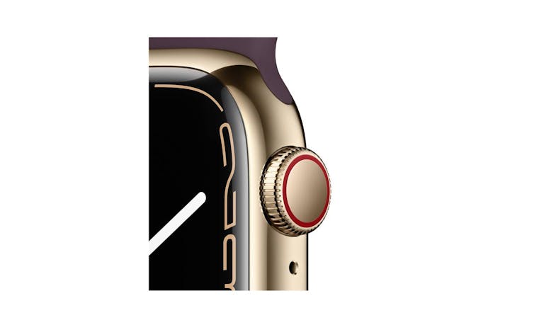 Apple Watch Series 7 45mm Gold Stainless Steel Case with Dark Cherry Sport Band - GPS + Cellular (Angle View)
