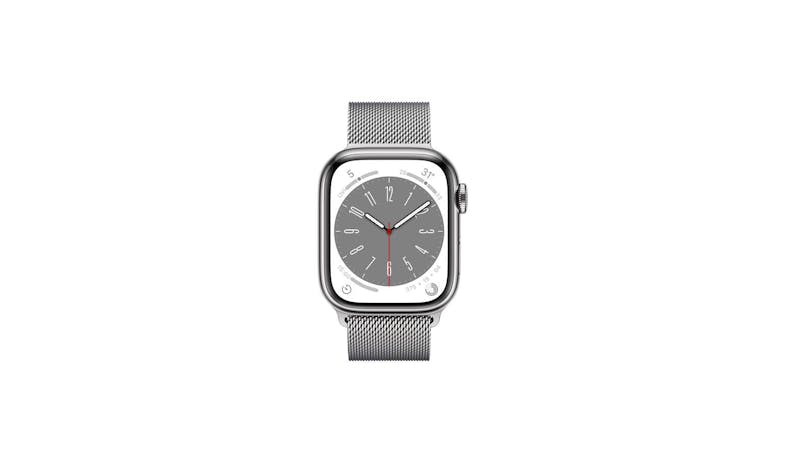 Apple Watch Series 8 GPS + Cellular 41mm Silver Stainless Steel Case with Silver Milanese Loop - Front View