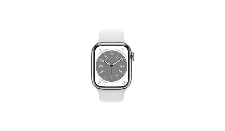 Apple Watch Series 8 GPS + Cellular 45mm Silver Stainless Steel Case with White Sport Band - Front View