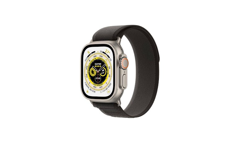 Apple Watch Ultra GPS + Cellular 49mm Titanium Case with Black/Gray Trail Loop (Side View)