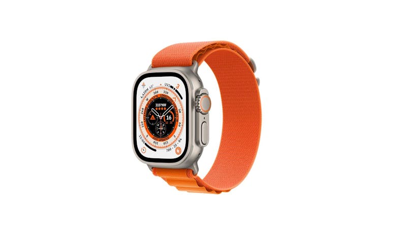 Apple Watch Ultra GPS + Cellular 49mm Titanium Case with Orange Alpine Loop ( Side View)