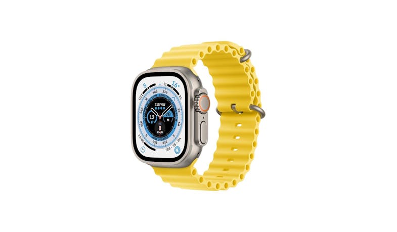 Apple Watch Ultra GPS + Cellular 49mm Titanium Case with Yellow Ocean Band (Side View)