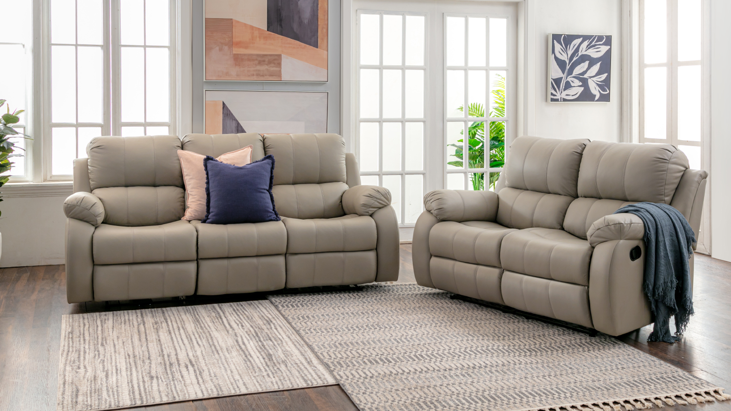 Zulia 2 Seater Full Leather Manual Recliner Sofa - Light Grey