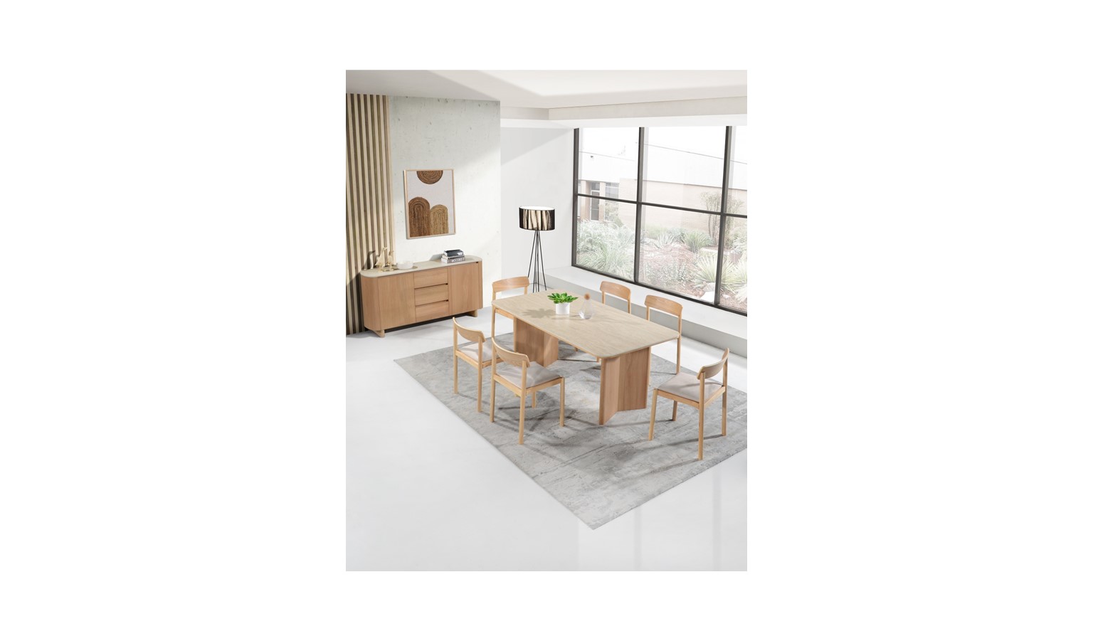 Ricco Rectangular Dining Table (180cm) - White Sintered Stone with Travertine & Natural Oak Base