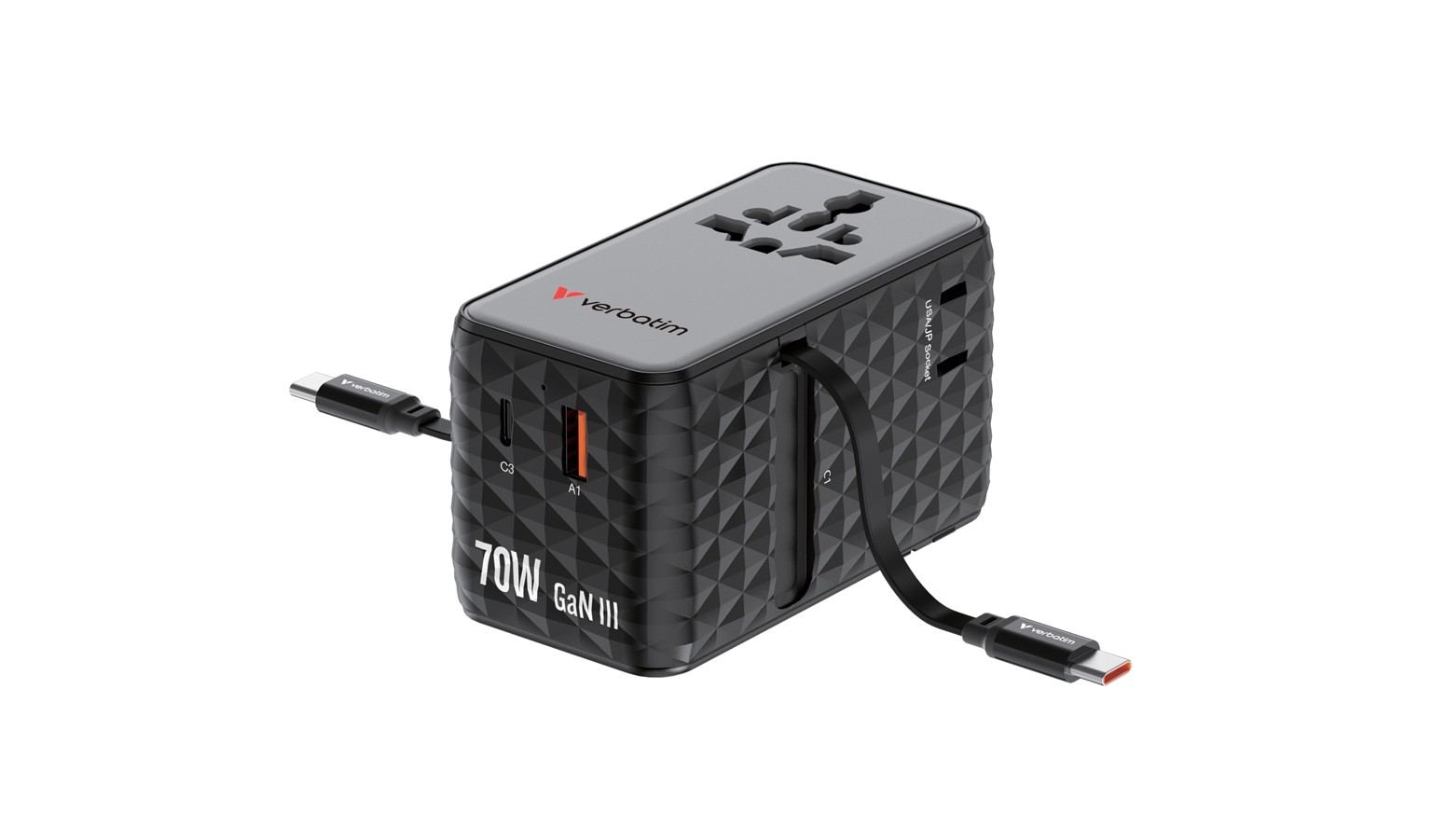 Verbatim Charge 'n' Travel 70W 2C Retractable Universal Travel Adapter - Black (30186)