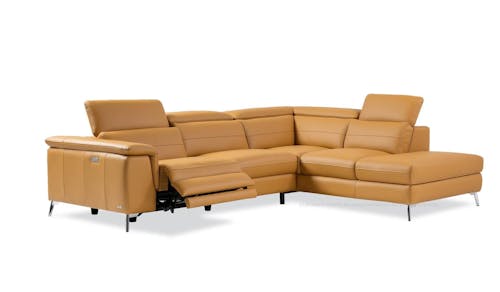 Vogue Full Leather Corner Shaped Sofa with Adjustable Headrest & 1Power Recliner Seat - Pumpkin (IMG 1)