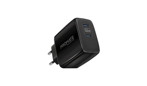 Promate PowerPort-65 65W Super Speed GaNFast® Charging Adapter with Dual USB Ports - Black