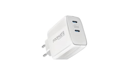 Promate PowerPort-65 65W Super Speed GaNFast® Charging Adapter with Dual USB Ports - White