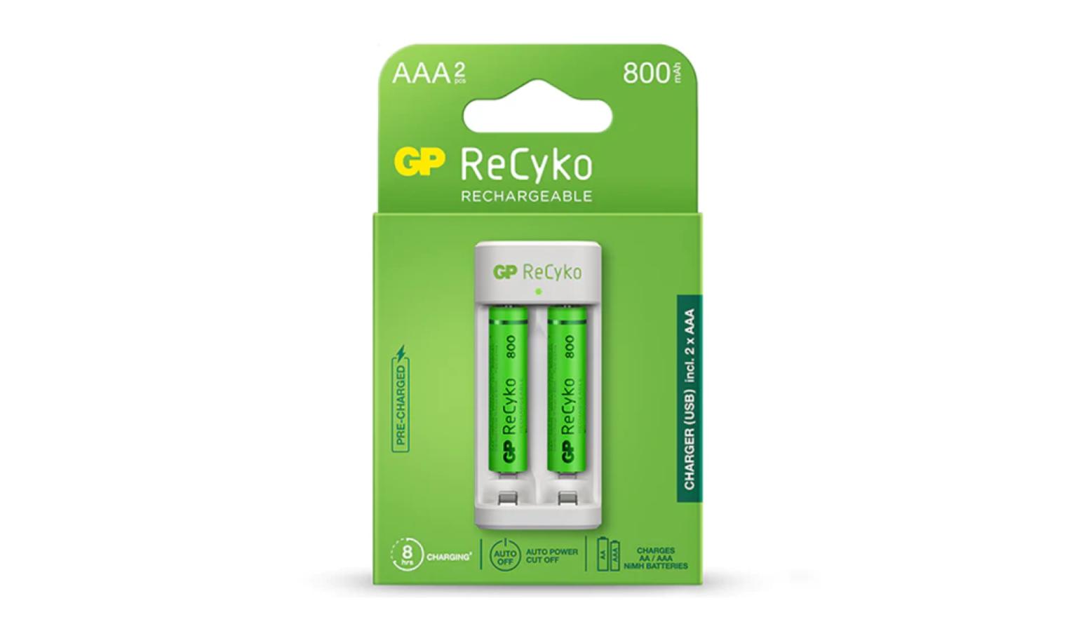 GP ReCyko 2-Slot E211 USB Charger with 2's 800mAh AAA Batteries