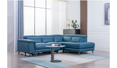 Lucas Leather Corner Shaped Sofa including Chaise with Adjustable Headrest & Electric Recliner - Blue