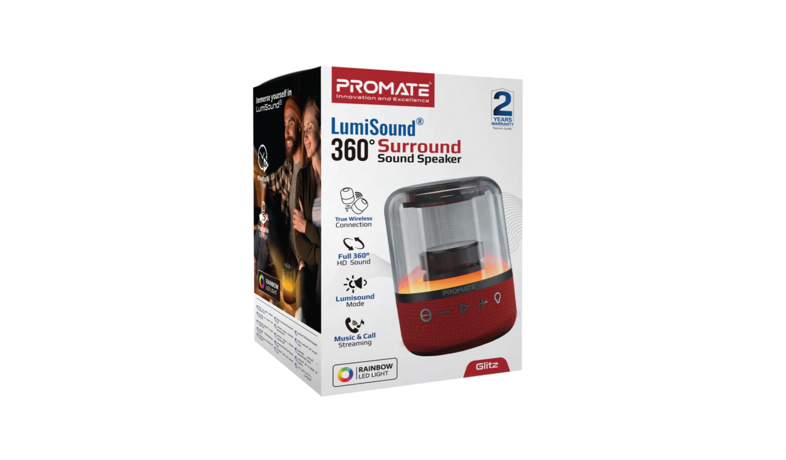 Promate Glitz LumiSound® 360° Surround Sound Speaker Red Harvey