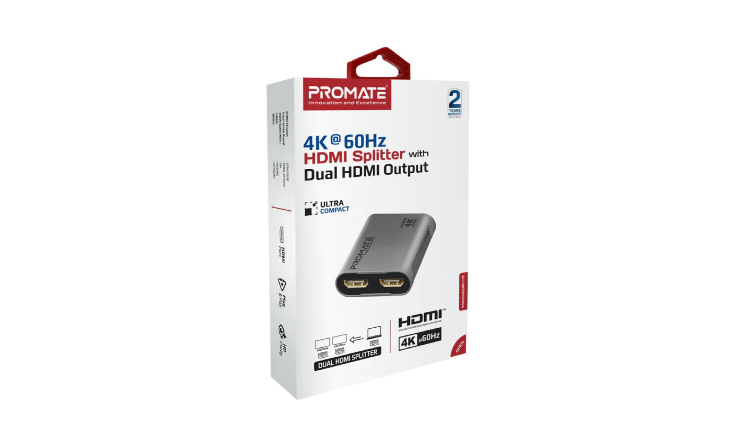 Promate MediaSplitC2 4K60Hz HDMI Splitter with Dual HDMI Output