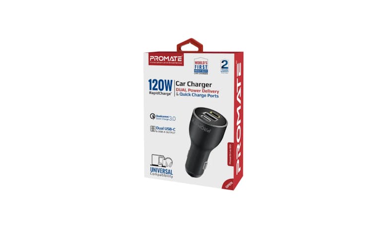 Promate PowerDrive-120 120W RapidCharge™ Car Charger with Dual Power Delivery and Quick Charge Ports